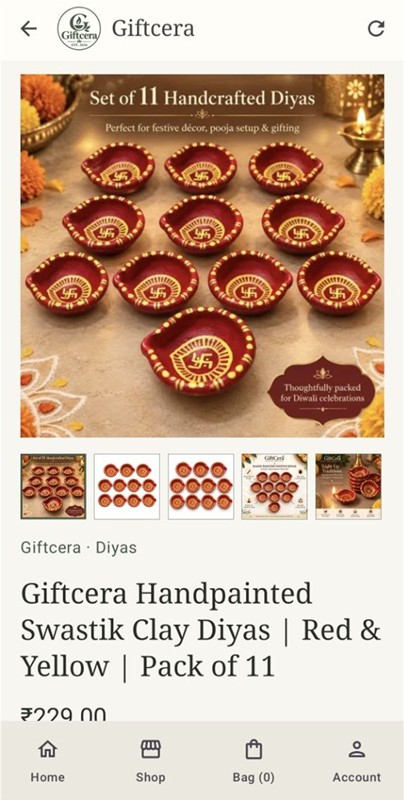 Hand-painted clay diya product page in the Giftcera app