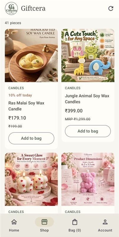 Giftcera app shopping screen with candle products and Add to bag buttons