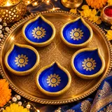 Giftcera Blue & Gold Floral Clay Diyas | Pack of 6