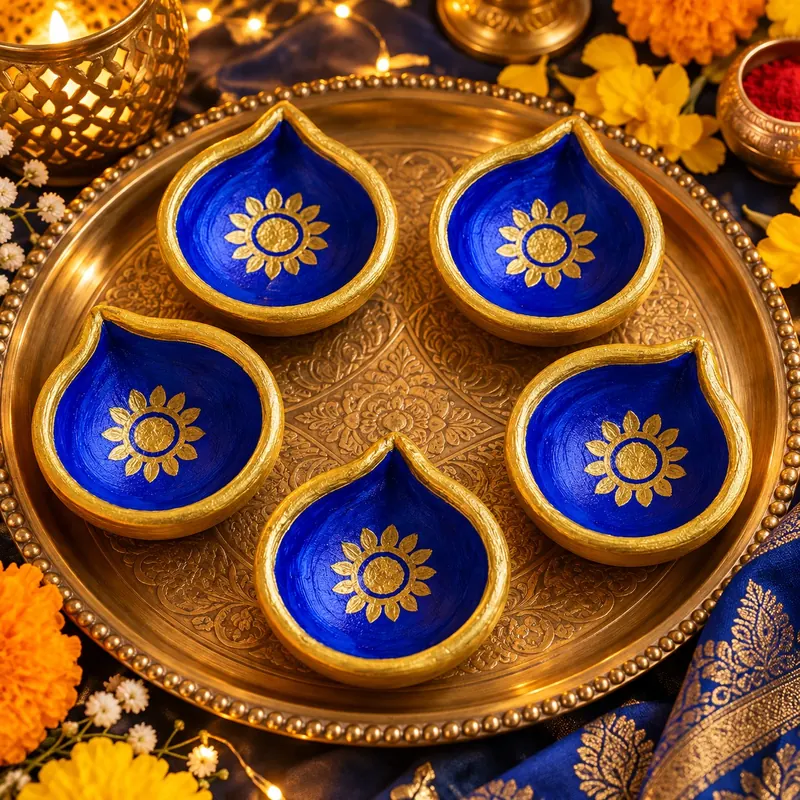 Giftcera Blue & Gold Floral Clay Diyas | Pack of 6