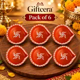Giftcera Handpainted Swastik Clay Diyas | Orange & White | Pack of 6