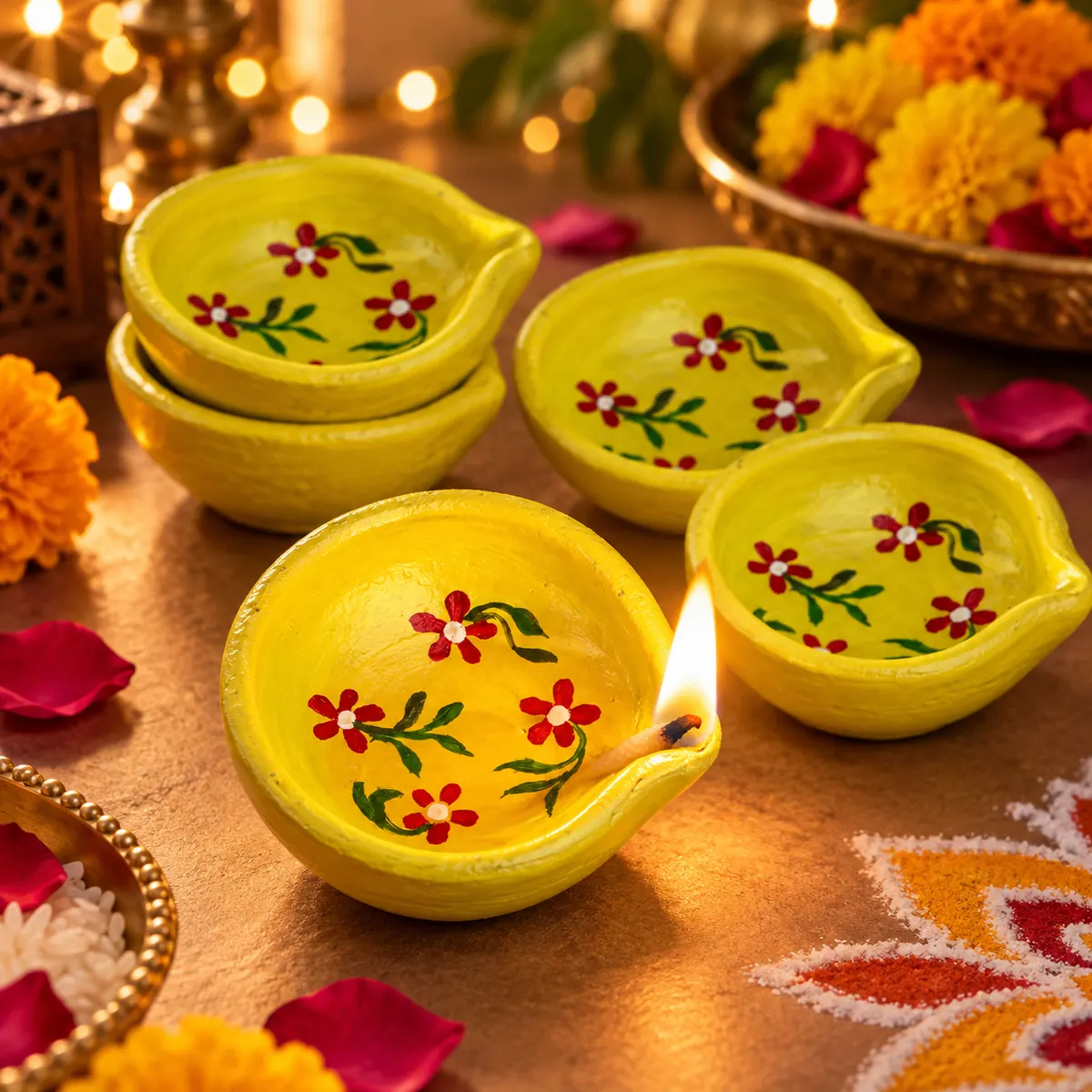 Giftcera Yellow Floral Clay Diyas | Pack of 6