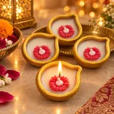 Giftcera Flower Terracotta Diya Soy Wax Candles | Unscented | Pack of 14