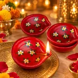 Giftcera Red Floral Clay Diyas | Pack of 6