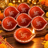 Giftcera Handpainted Swastik Clay Diyas | Orange & White | Pack of 6