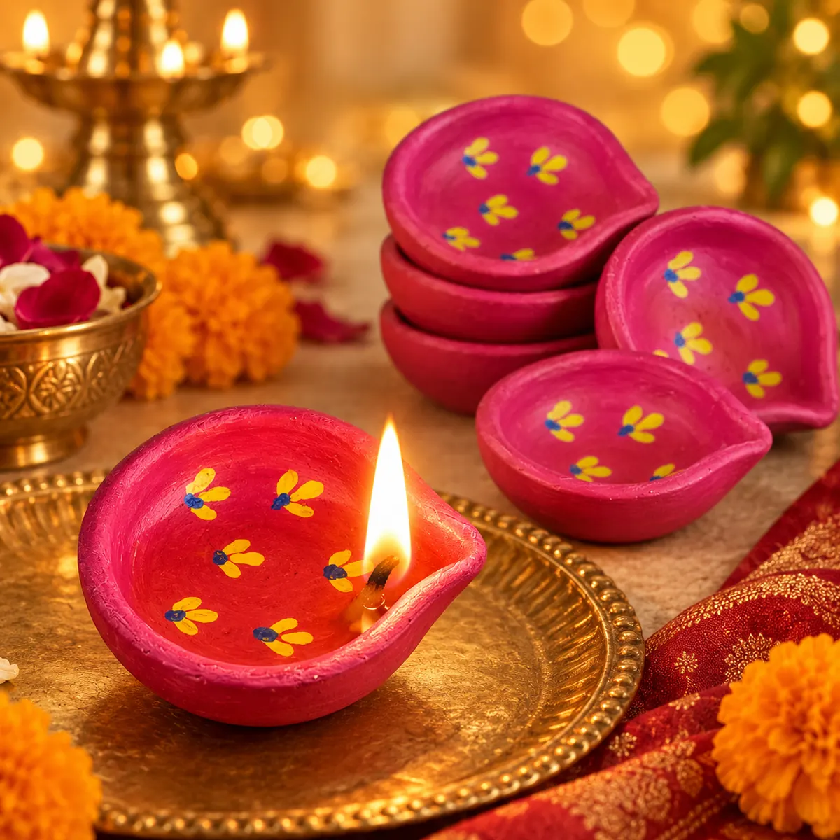 Giftcera Pink & Yellow Floral Clay Diyas | Pack of 6