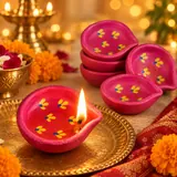 Giftcera Pink & Yellow Floral Clay Diyas | Pack of 6