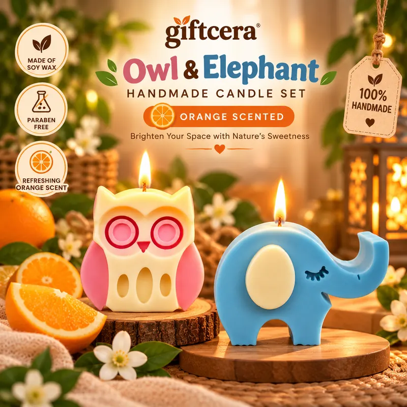 Giftcera Elephant & Owl Soy Wax Candles | Orange Scented | Set of 2