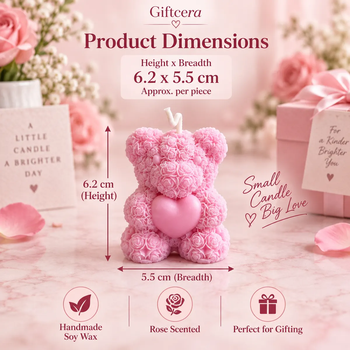 Giftcera Teddy Bear Soy Wax Candle | Rose Scented | Pink