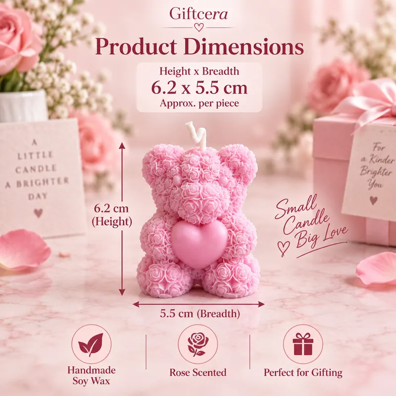Giftcera Teddy Bear Soy Wax Candle | Rose Scented | Pink