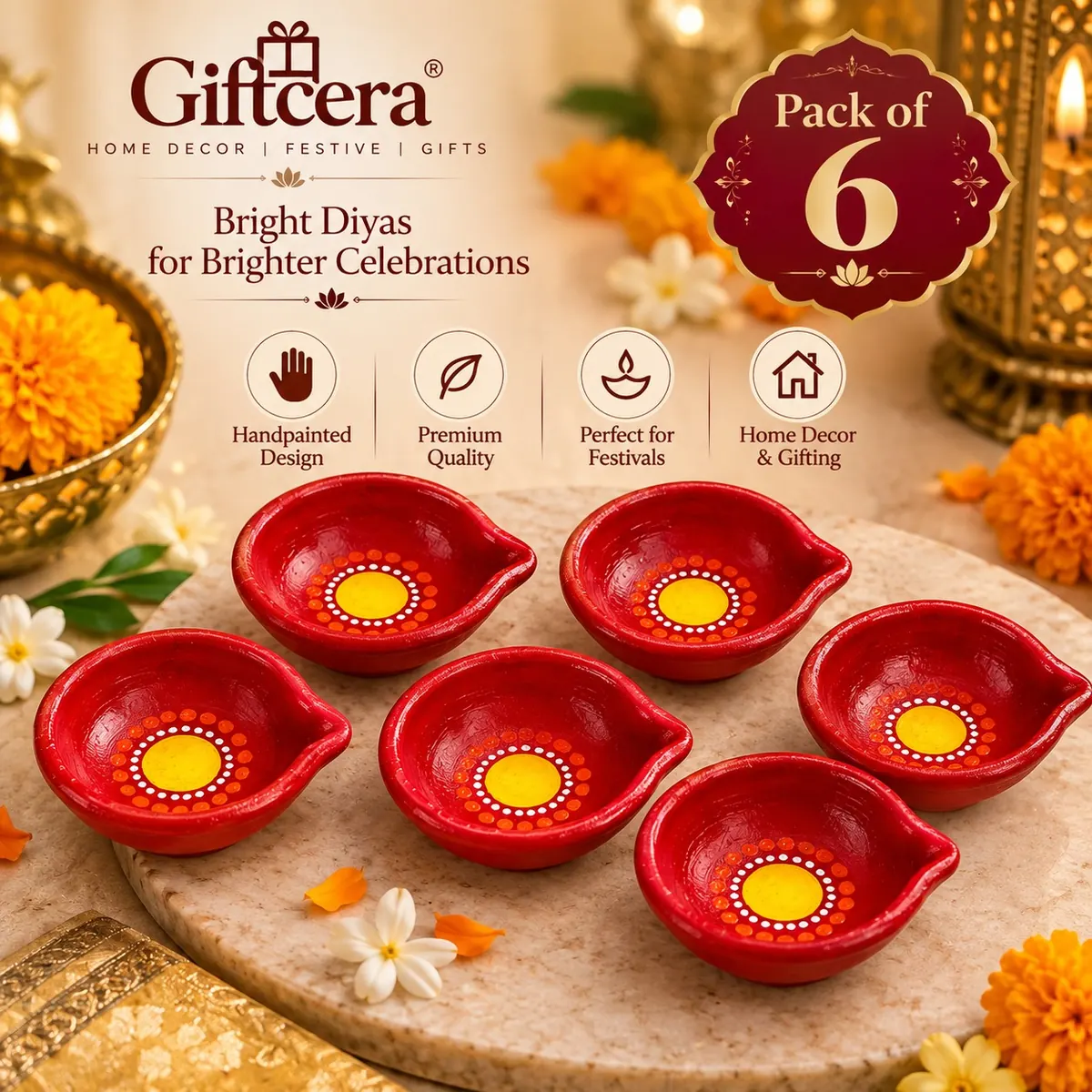 Giftcera Red Multicolour Dotted Clay Diyas | Pack of 6