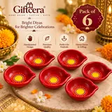 Giftcera Red Multicolour Dotted Clay Diyas | Pack of 6