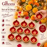 Giftcera Handpainted Swastik Clay Diyas | Red & Gold | Pack of 11