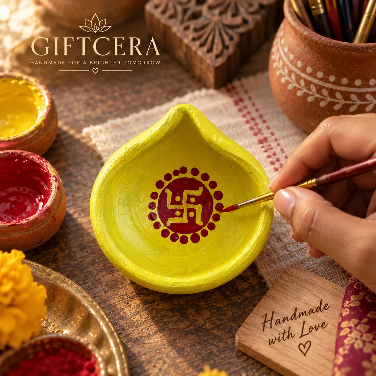 Giftcera Handpainted Swastik Clay Diyas | Yellow & Red | Pack of 6