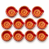 Giftcera Handpainted Swastik Clay Diyas | Red & Yellow | Pack of 11