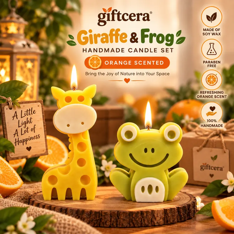 Giftcera Frog & Giraffe Soy Wax Candles | Orange Scented | Set of 2