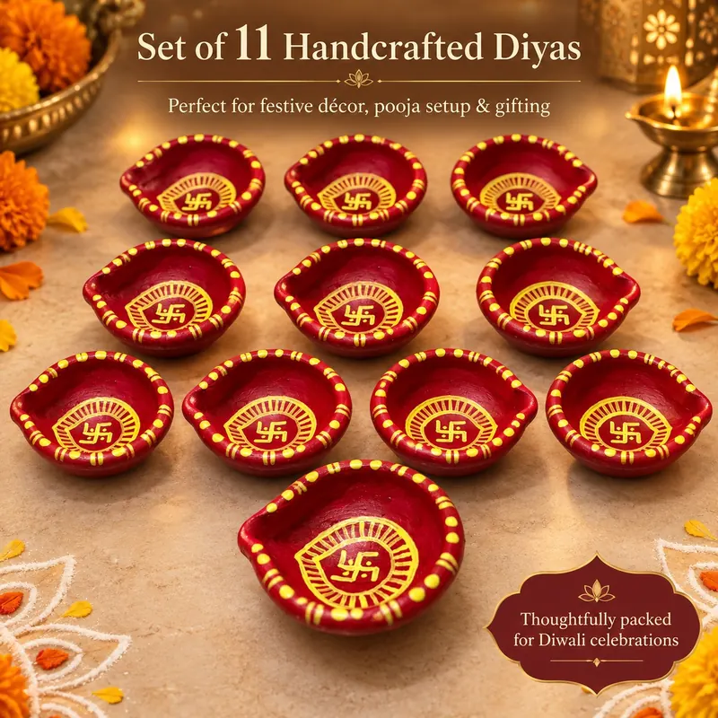 Giftcera Handpainted Swastik Clay Diyas | Red & Yellow | Pack of 11