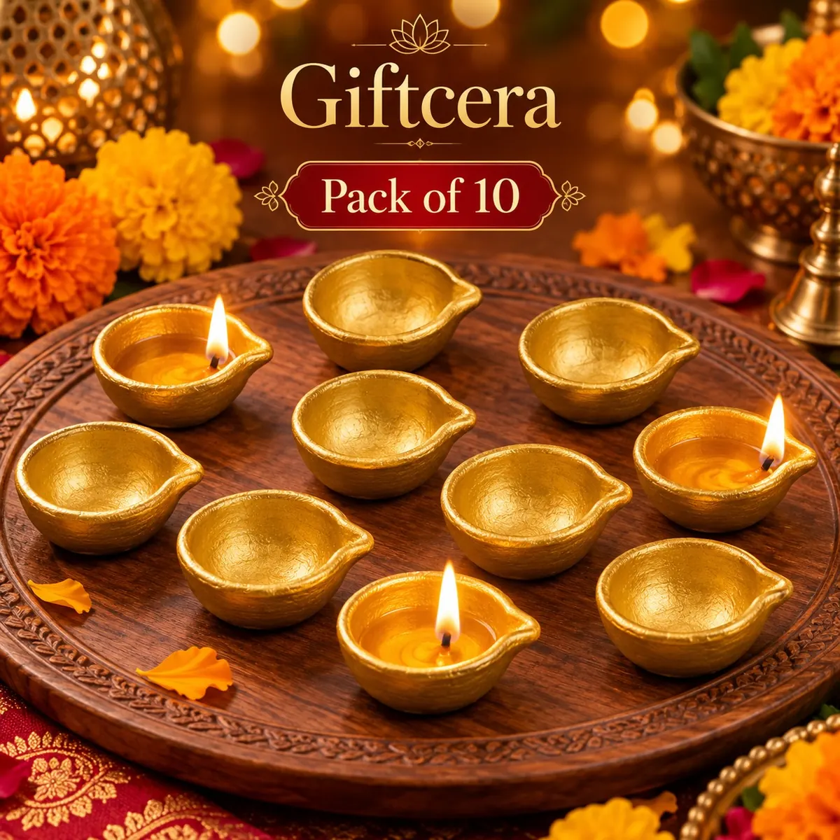 Giftcera Golden Terracotta Clay Diyas | Pack of 10