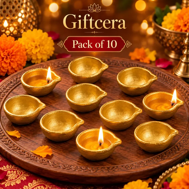 Giftcera Golden Terracotta Clay Diyas | Pack of 10
