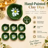 Giftcera Green & White Floral Clay Diyas | Pack of 6