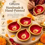 Giftcera Handpainted Swastik Clay Diyas | Red & Gold | Pack of 11