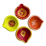 Giftcera Handpainted Swastik Clay Diyas | Multicolour | Pack of 4