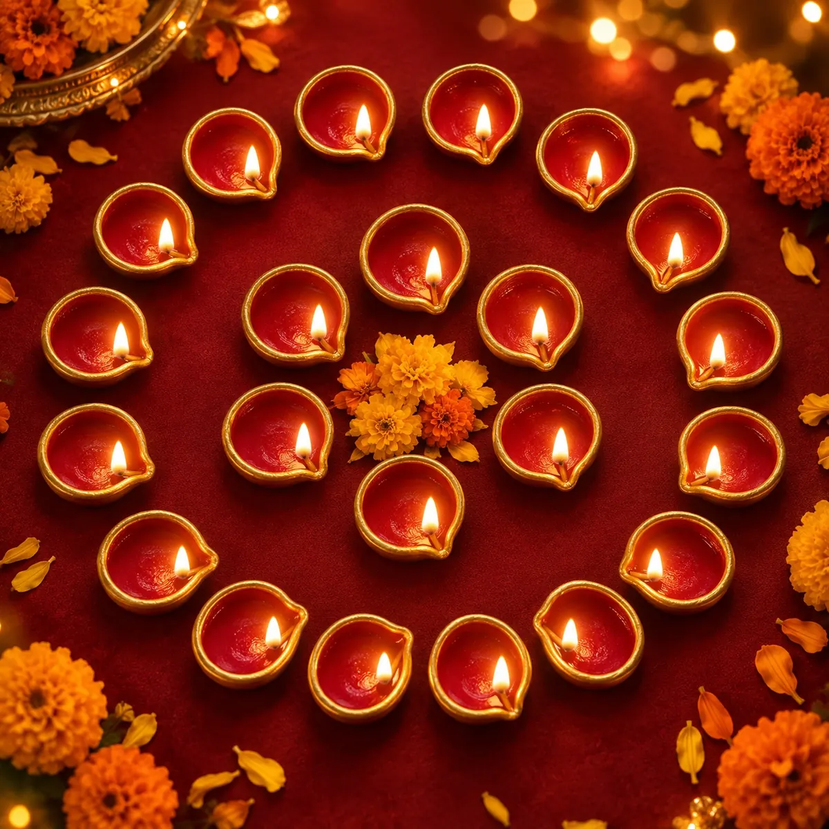 Giftcera Red & Gold Border Terracotta Clay Diyas | Pack of 21