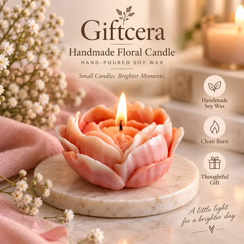 Giftcera Heart Rose Soy Wax Candle | Rose Scented | Peach