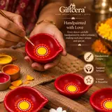 Giftcera Red Multicolour Dotted Clay Diyas | Pack of 6