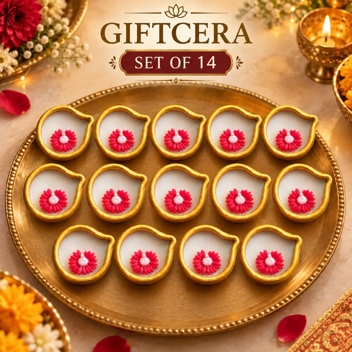 Giftcera Flower Terracotta Diya Soy Wax Candles | Unscented | Pack of 14