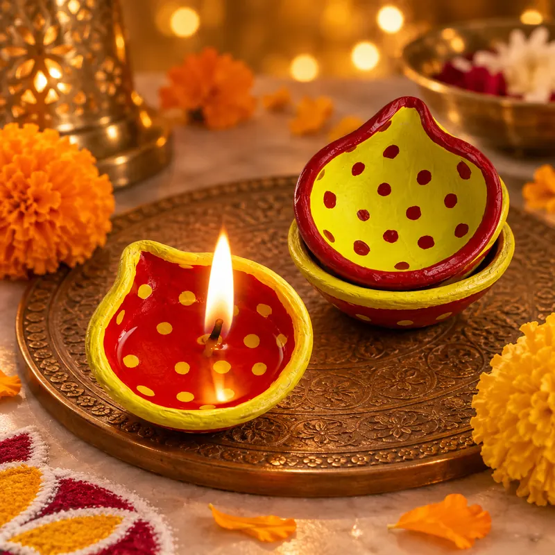 Giftcera Red & Yellow Dotted Clay Diyas | Pack of 14