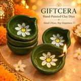 Giftcera Green & White Floral Clay Diyas | Pack of 6