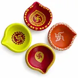 Giftcera Handpainted Swastik Clay Diyas | Multicolour | Pack of 4