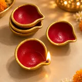 Giftcera Red & Gold Border Terracotta Clay Diyas | Pack of 21