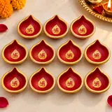 Giftcera Handpainted Swastik Clay Diyas | Red & Gold | Pack of 11