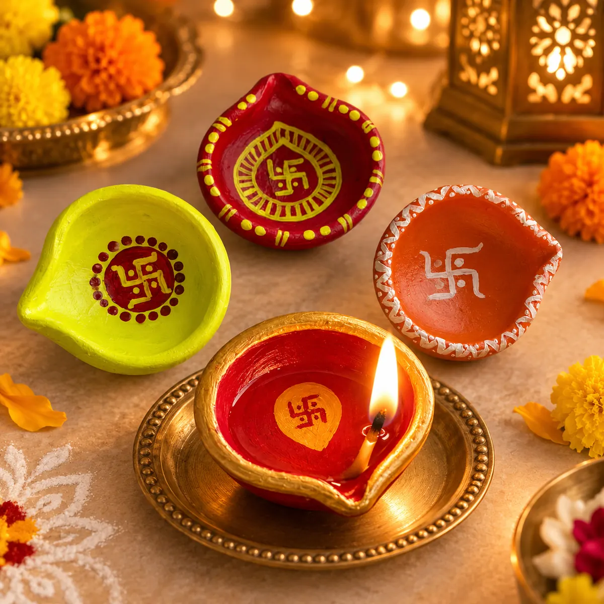 Giftcera Handpainted Swastik Clay Diyas | Multicolour | Pack of 4