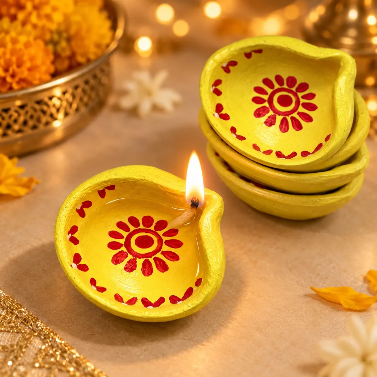 Giftcera Yellow & Red Floral Clay Diyas | Pack of 6