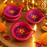 Giftcera Pink & Blue Floral Clay Diyas | Pack of 6