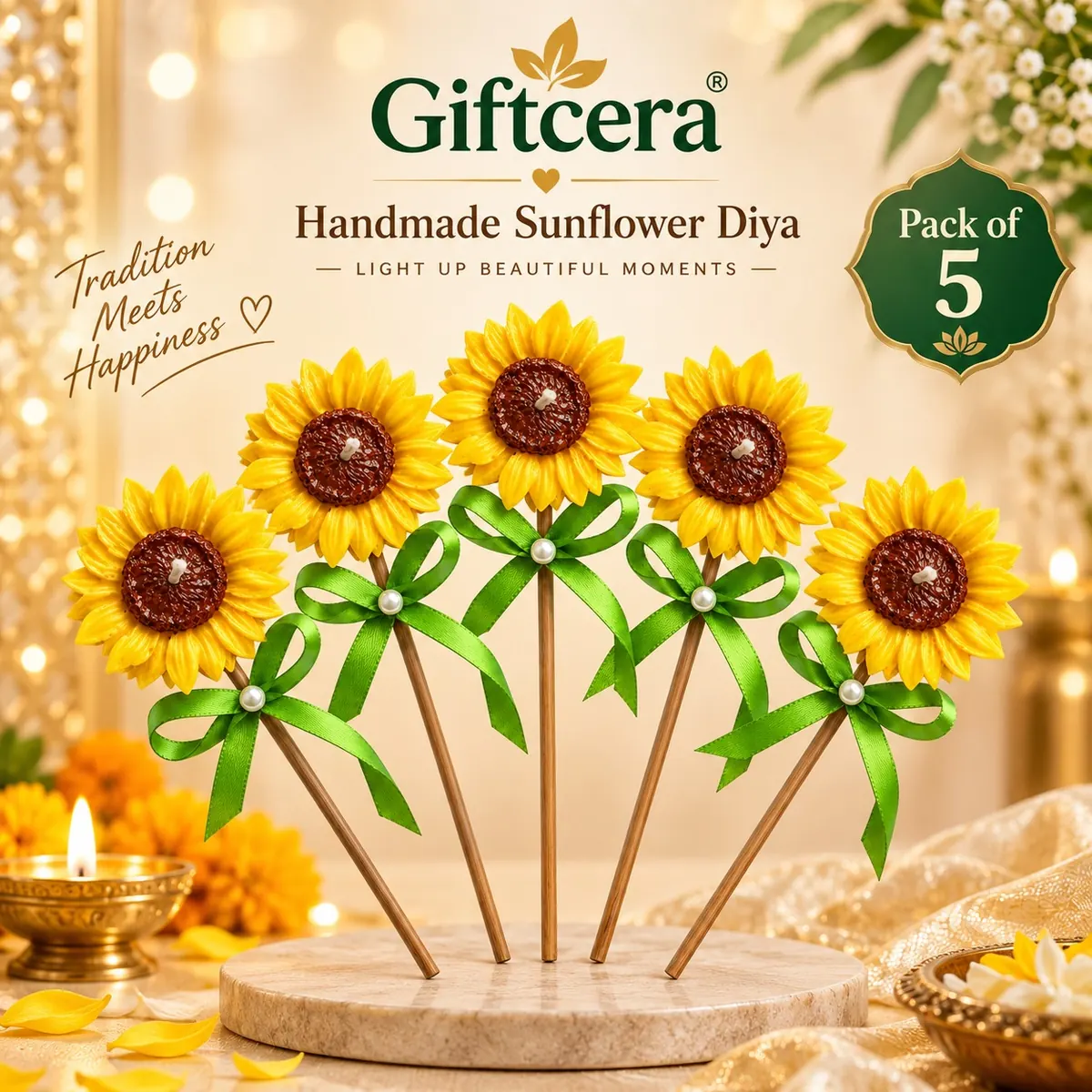 Giftcera Sunflower Stick Soy Wax Candles | Jasmine Scented | Pack of 5