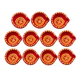 Giftcera Handpainted Swastik Clay Diyas | Red & Yellow | Pack of 11