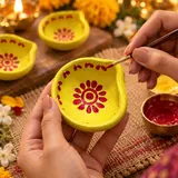 Giftcera Yellow & Red Floral Clay Diyas | Pack of 6