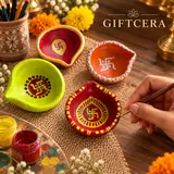 Giftcera Handpainted Swastik Clay Diyas | Multicolour | Pack of 4