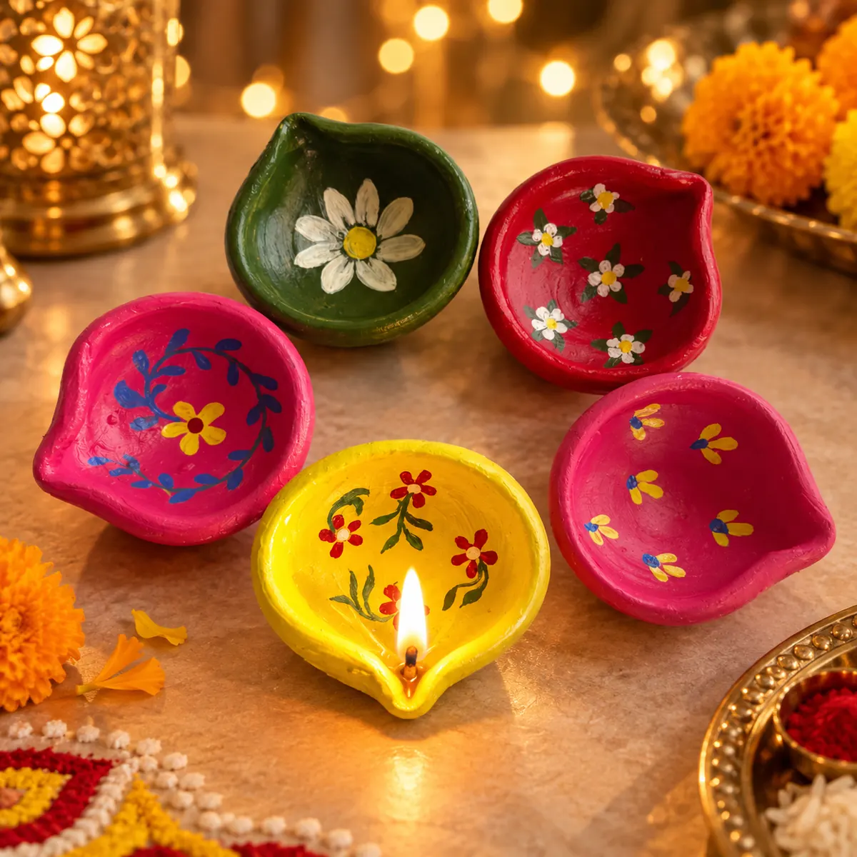 Giftcera Multicolour Designer Clay Diyas | Pack of 5