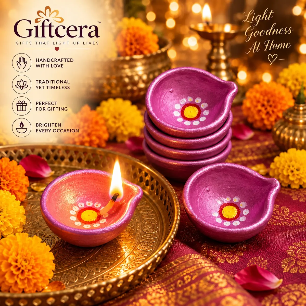 Giftcera Pink Decorative Clay Diyas | Pack of 14