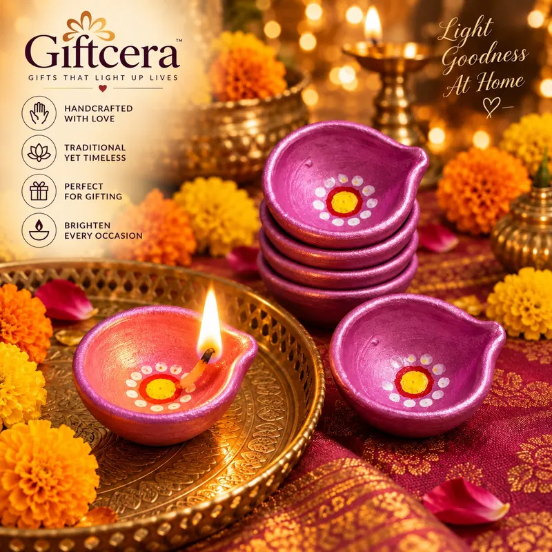 Giftcera Pink Decorative Clay Diyas | Pack of 14