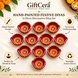 Giftcera Handpainted Swastik Clay Diyas | Red & Yellow | Pack of 11
