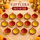 Giftcera Red & Yellow Dotted Clay Diyas | Pack of 14
