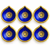 Giftcera Blue & Gold Floral Clay Diyas | Pack of 6
